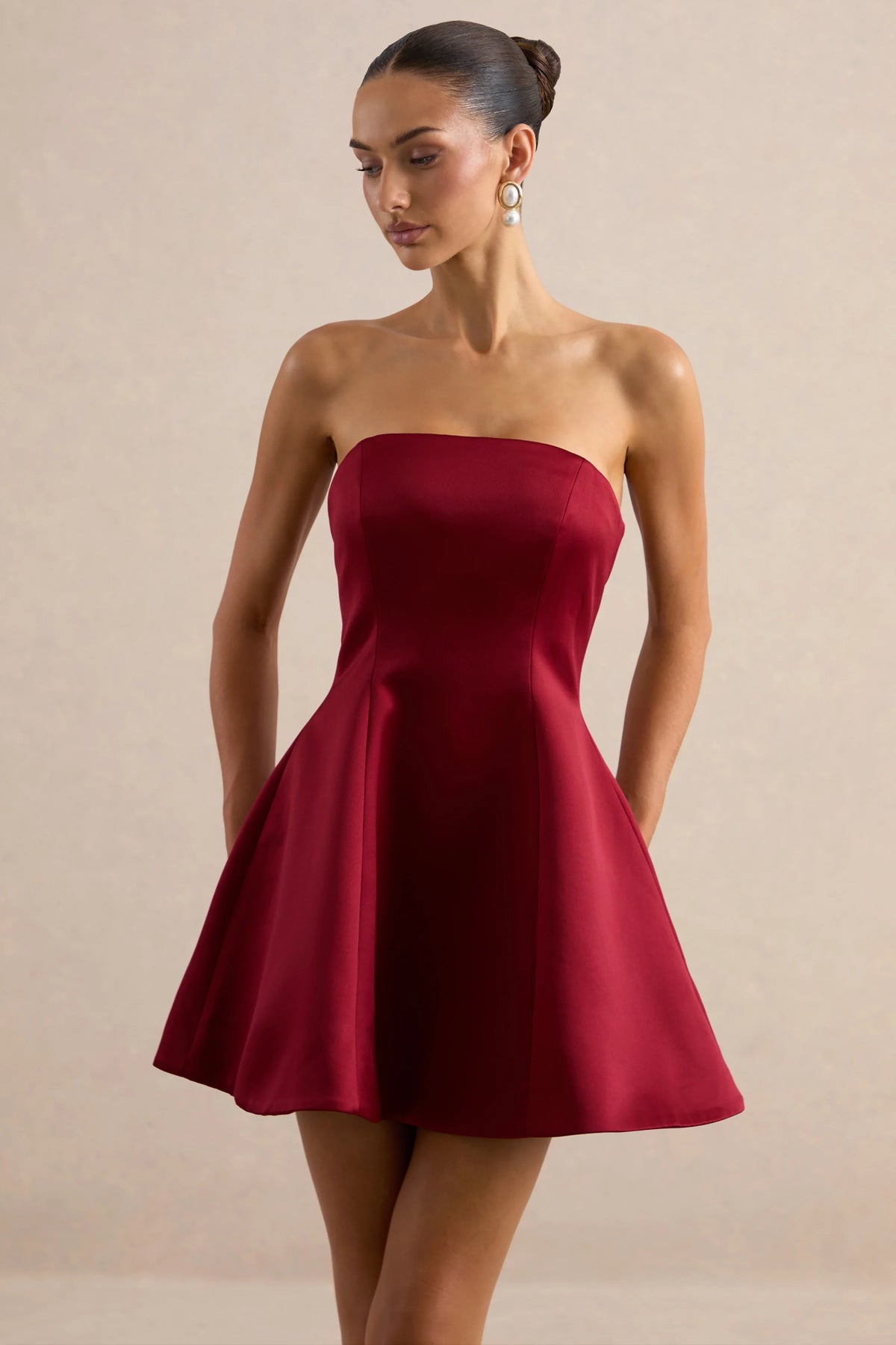 Lioray | Burgundy Satin Bandeau-Neck A-Line Mini Dress