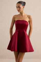 Lioray | Burgundy Satin Bandeau-Neck A-Line Mini Dress