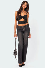 Buckle Belt Washed Low Rise Flared Jeans
