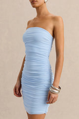 Merisse | Powder Blue Bandeau Mini-Dress With Ruched-Detailing