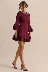Mirna | Burgundy Crew-Neck Mini Dress With Bell Sleeves And Ruffled Detailing