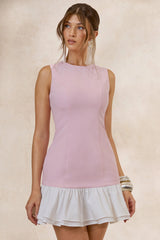 Aradia | Pink & White Crew-Neck Mini Dress With Ruffled-Detailing