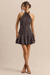 Florence | Brown and White Satin Halter-Neck Mini Dress