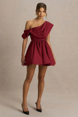 Verona | Burgundy  Draped Asymmetric-Neck Skater Mini Dress