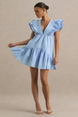 Judie | Blue Poplin V-Neck Ruffled Mini Dress
